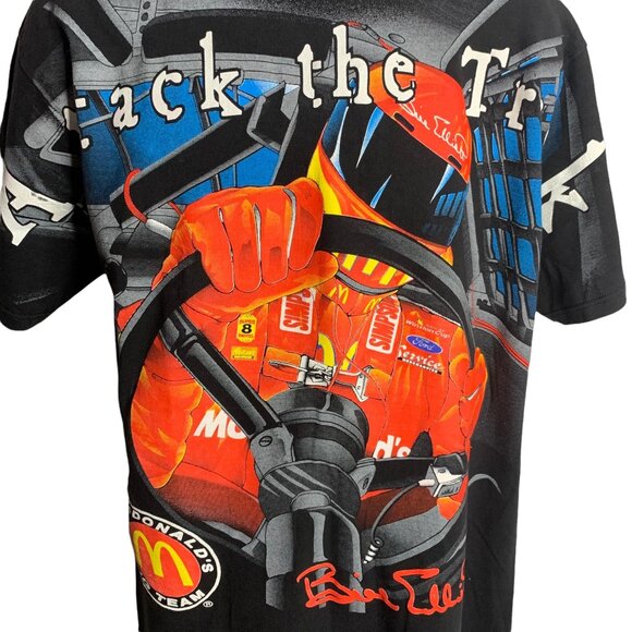 Vintage 1998 Bill Elliot Crewneck T Shirt L Black AOP Attack the Track McDonalds - Picture 2 of 9